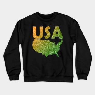 Colorful mandala art map of the United States of America with text in green and orange Crewneck Sweatshirt